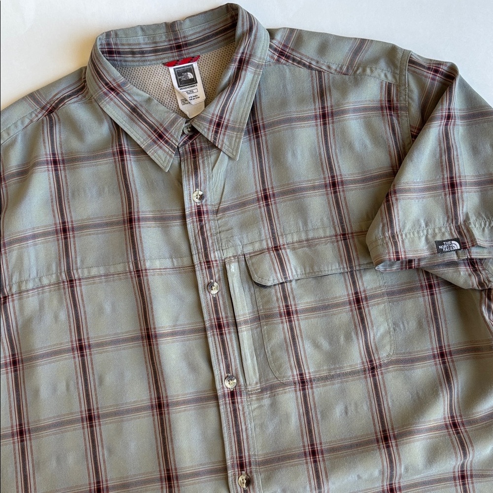 North Face Polyester‎ Blend Green Plaid Shirt Zip Pocket Outdoors Work Mens XL